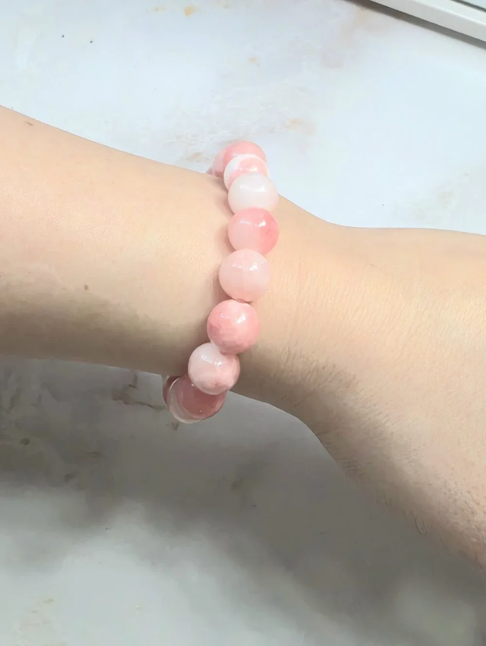 Natural Pink & White Marbled Stone Bead Bracelet High Shine Stretch Bracelet
